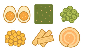 Stylized collection of Asian food ingredients including eggs, fish cakes, seaweed, and scallions