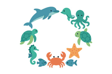 Cute marine animals arranged in a circular frame surrounding copy space on a white background