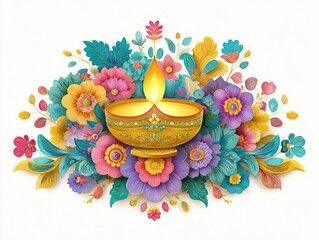 Diwali cartoon illustration with golden oil lamp, floral pattern, flat design style on white background