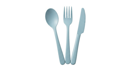 Isolated light blue cutlery set against neutral backdrop featuring spoon fork and knife
