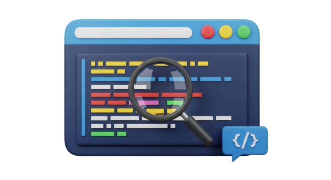 Isolated software development concept illustration with magnifying glass and code icon
