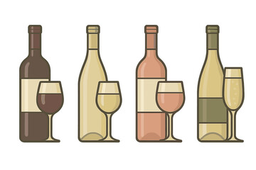 Set of four wine bottles and glasses for red, white, rose, and sparkling varieties