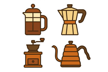 Essential coffee brewing equipment set including French press Moka pot grinder and gooseneck kettle