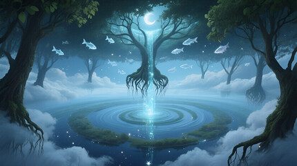 Celestial Tree of Life Pouring Waterfall of Light into Dreamlike Sky Ocean
