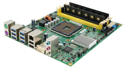 Isolated mainboard assembly with CPU socket, USB connectors, and RAM slots for computer