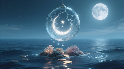 Broken Glass Moon Ornament Hanging Above Coral Island at Night