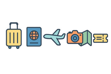 Colorful travel icons set including luggage, passport, airplane, camera, map, and flight ticket