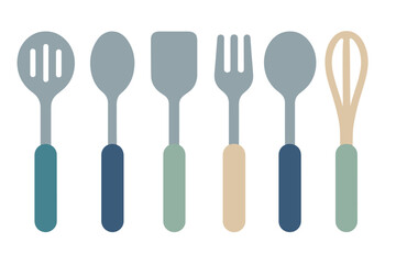 Minimalist set of kitchen utensils including spoons spatula fork and whisk in pastel colors