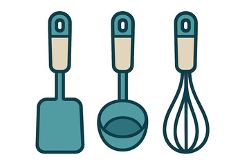 Essential kitchen cooking tools set featuring a spatula, soup ladle, and wire whisk