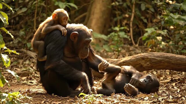 Mother chimpanzee carrying baby on her back in the forest