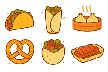 Popular international street food collection featuring taco burrito pretzel and dumplings