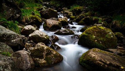 A long exposure photograph of a rushing stream through mossy rocks. Green foliage lines the banks. Soft, blurred water. Natural light