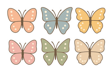 Six stylized butterflies in muted pastel colors arranged on a white background