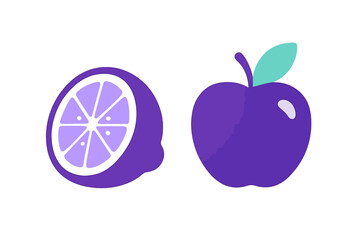 Stylized purple citrus slice and whole apple fruit icons on white background