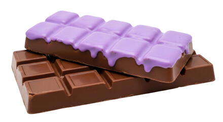 Isolated Two chocolate bars with brown chocolate and purple topping, delicious dessert