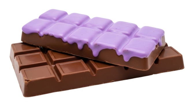 Isolated Two chocolate bars with brown chocolate and purple topping, delicious dessert