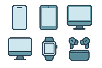 Modern electronic devices set including smartphone, tablet, desktop computer, smartwatch, and wireless earbuds