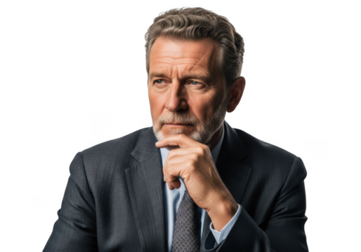 Pensive mature businessman portrait in suit, thinking deeply, hand on chin, gray hair, leadership, professional isolated on transparent background