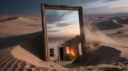 Massive Framed Mirror House Half Buried in Desert Sand at Dusk
