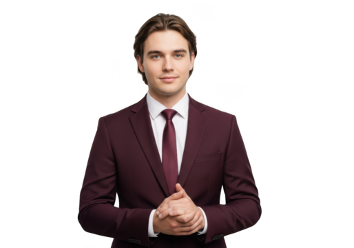 Professional businessman in burgundy suit posing for success portrait isolated on transparent background