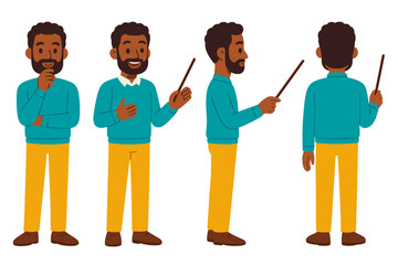 Bearded Black man teacher character set with pointer stick in four poses