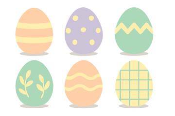 Six colorful decorated Easter eggs with pastel patterns