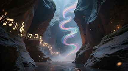 Glowing music notes winding through canyon with colorful light stream, surreal harmony of sound and nature