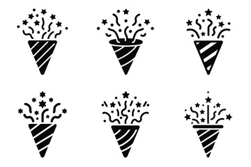Party popper minimal flat vector icon set. black color and white background.