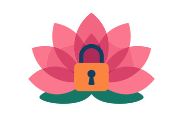 Pink lotus flower overlaid with bright orange security padlock icon