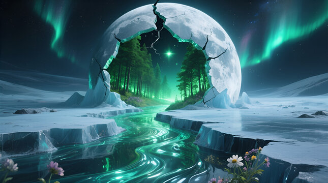 Cracked moon revealing glowing green forest river under aurora sky, surreal arctic dreamscape