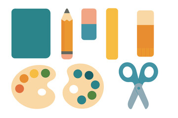 Assortment of colorful school and art supplies icons on white background