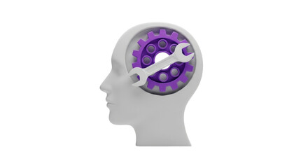 Isolated head silhouette with cogwheel and wrench for mental processes engineering
