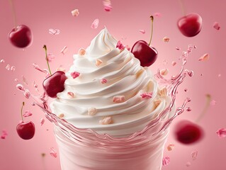 Close-up of whipped cream with cherries on pink background, cute food photography for advertising design