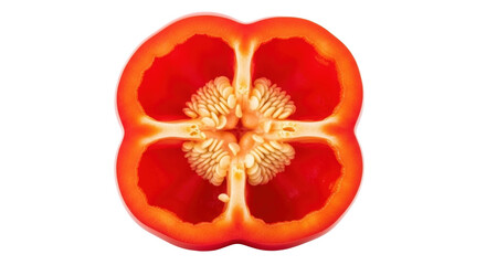 Isolated half-cut red bell pepper center, showing segments and seeds in detail, macro shot, fresh produce