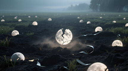 Cracked glowing moon on wet soil in the rain with scattered lunar spheres