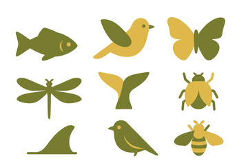 Stylized nature icons set with various animal and wildlife silhouettes