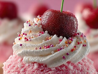 Whipped Cream with Cherry Topping, Detailed Food Photo on Pink Pastel Background for Dessert Advertising