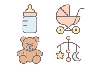 Collection of simple baby care and toy icons for nursery theme