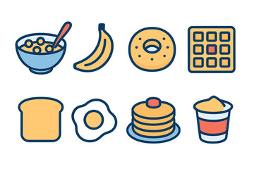 Eight popular breakfast food icons for morning meals and healthy eating