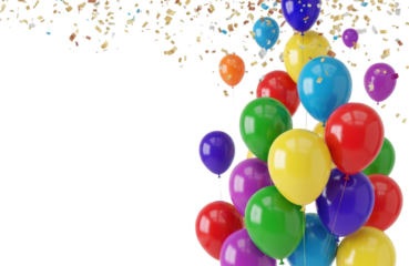 Colorful balloons and confetti floating against transparent background