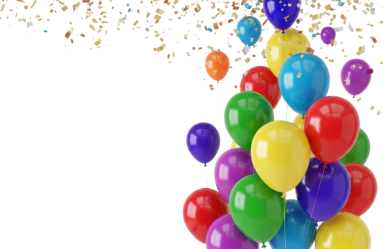 Colorful balloons and confetti floating against transparent background
