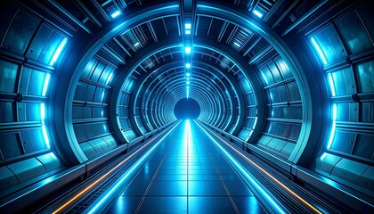 A long, futuristic tunnel glows with vibrant blue and amber lights, receding towards a bright point in the distance