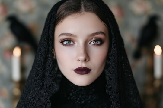 Close up portrait of gothic witch with lace veil and dark makeup in candlelit vintage room