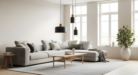 Fototapeta premium Contemporary Living Room with Neutral Palette and Stylish Lighting Fixtures