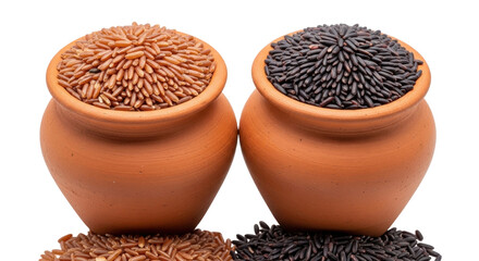 Isolated two clay pots with rice grains, organic healthy food, superfood, gluten-free cereal grain