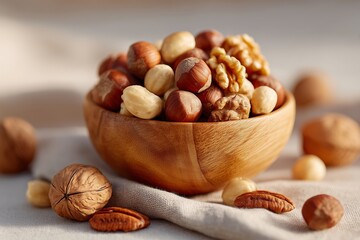 Fototapeta premium Rustic wooden bowl of mixed nuts with cracked shells on linen cloth in warm autumn light