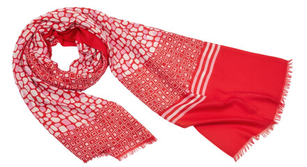 Isolated red and white scarf with abstract patterns and stripe details, stylish accessory