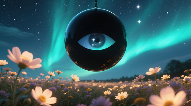 Hanging cosmic eye over illuminated flower field beneath northern lights