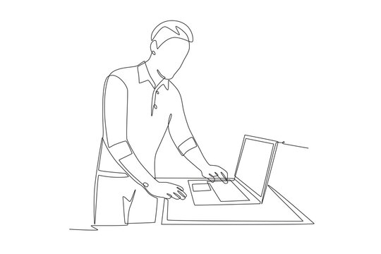 Man looking at laptop in store. Exploring laptops in store concept one-line drawing