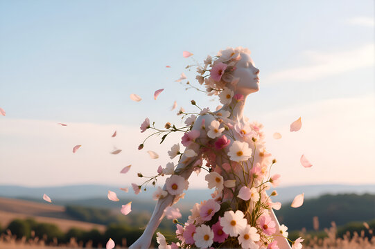 Elegant woman made of blooming flowers standing in sunlight with petals in the wind